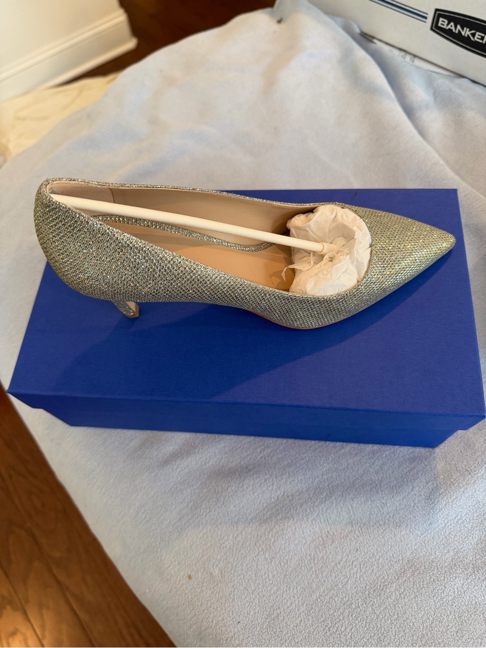 Stuart Weitzman Silver Glitter Pointed-Toe Kitten Heel Pump. Brand new